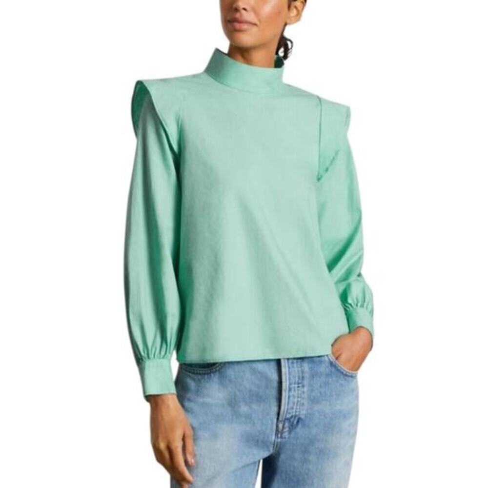 Everlane The Wing Shoulder Mockneck Cotton Blouse Jade Green size 2 NWT